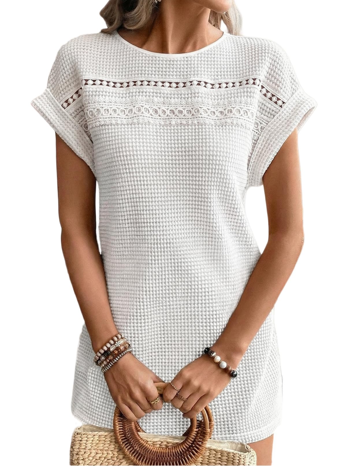 Acelitt Womens Summer 2026 Waffle Knit Short Sleeve Crewneck Beach Cover Up Crochet Eyelet Lace Swim Coverup Dress White Medium