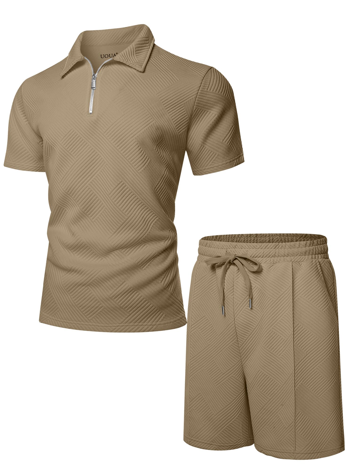 UOUA Mens Short Sets 2 Piece Summer Casual Outfits Polo Short Sleeve Shirts & Shorts Track Suit Jogging Sweatsuit Loungewear Khaki XL