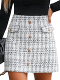 CUPSHE Women Mini Plaid Skirts Tweed High Waist Bodycon Pencil Fall Winter Dressy Shorts,L Grey