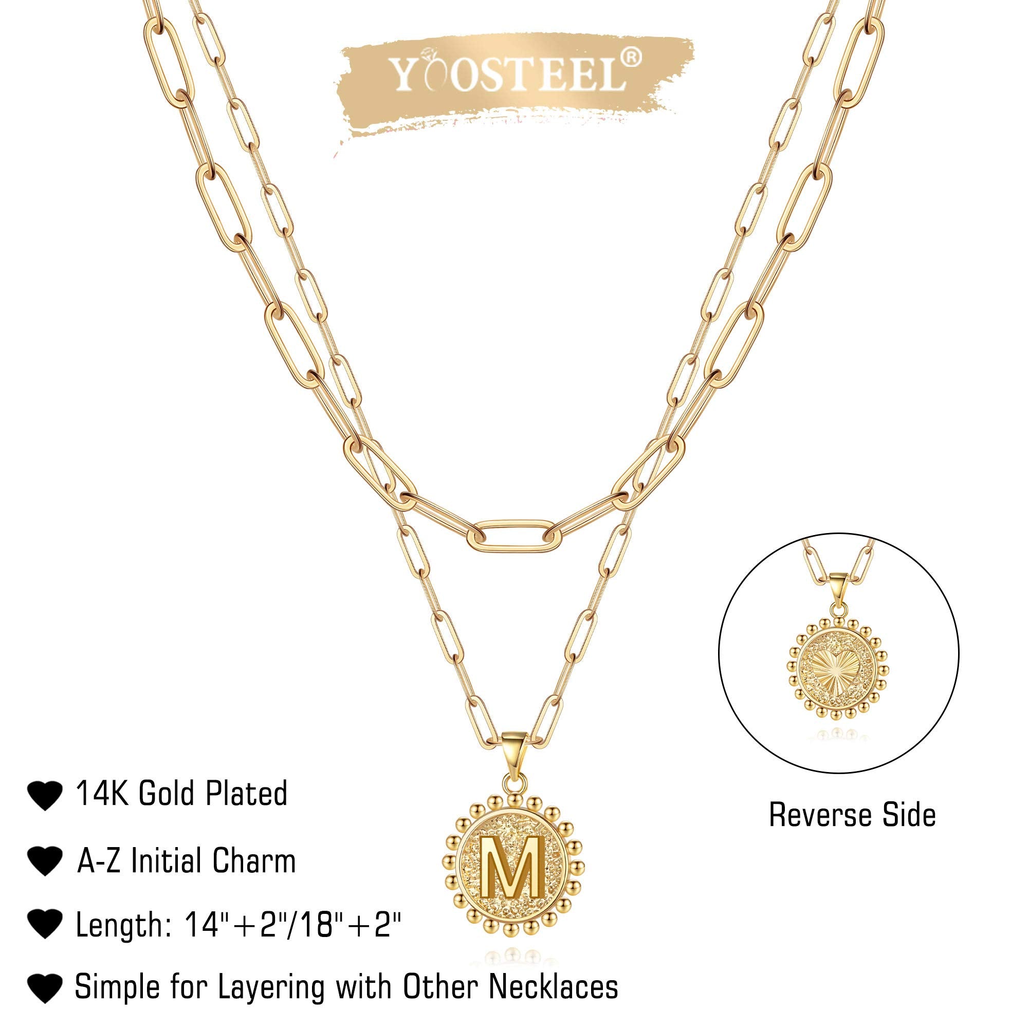 Yoosteel Gold Initial Necklaces for Women - 14K Gold Plated M Initial Necklaces for Women Jewelry Paperclip Link Chain Layered Necklace Personalized Birthday Gifts