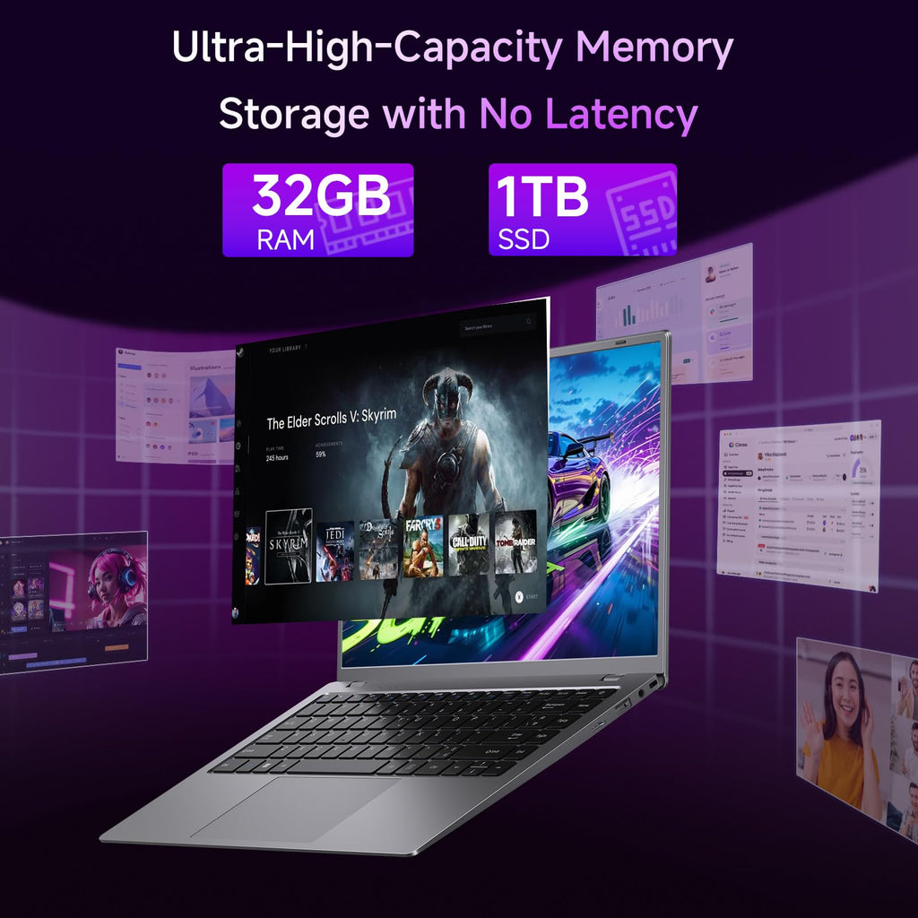 MAXVELTH Laptop 32GB RAM 1TB SSD, Gold Pentium Processor (Up to 3.4GHz), 14 Inch IPS FHD Display, 38WH, USB3.2, Type-C, HDMI, WiFi 5, Win11 Laptop, Notebook Laptops for Business and Students