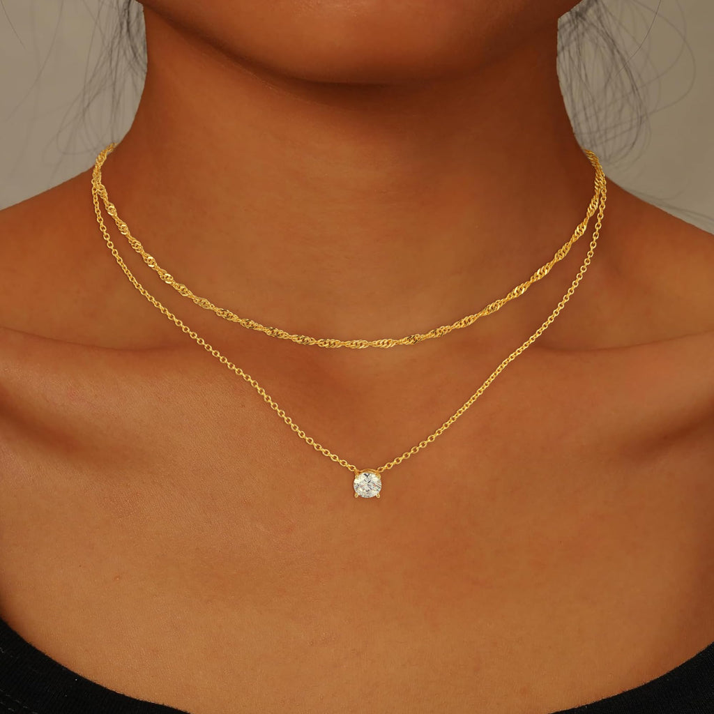 Treasure Bender Gold Necklace for Women Trendy - 14K Gold Plated Layered CZ Necklace Dainty Gold Pendant Choker Chain Necklaces Waterproof Non Tarnish Jewelry for Women Gifts