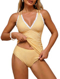 ZAFUL Womens Tankini Bathing Suits Modest Two Piece Swimsuit Smocked Push Up Slimming Tankinis with High Waisted Full Coverage Bottom Sexy Adjustable Straps Ruched Tummy Control Swimwear Yellow L