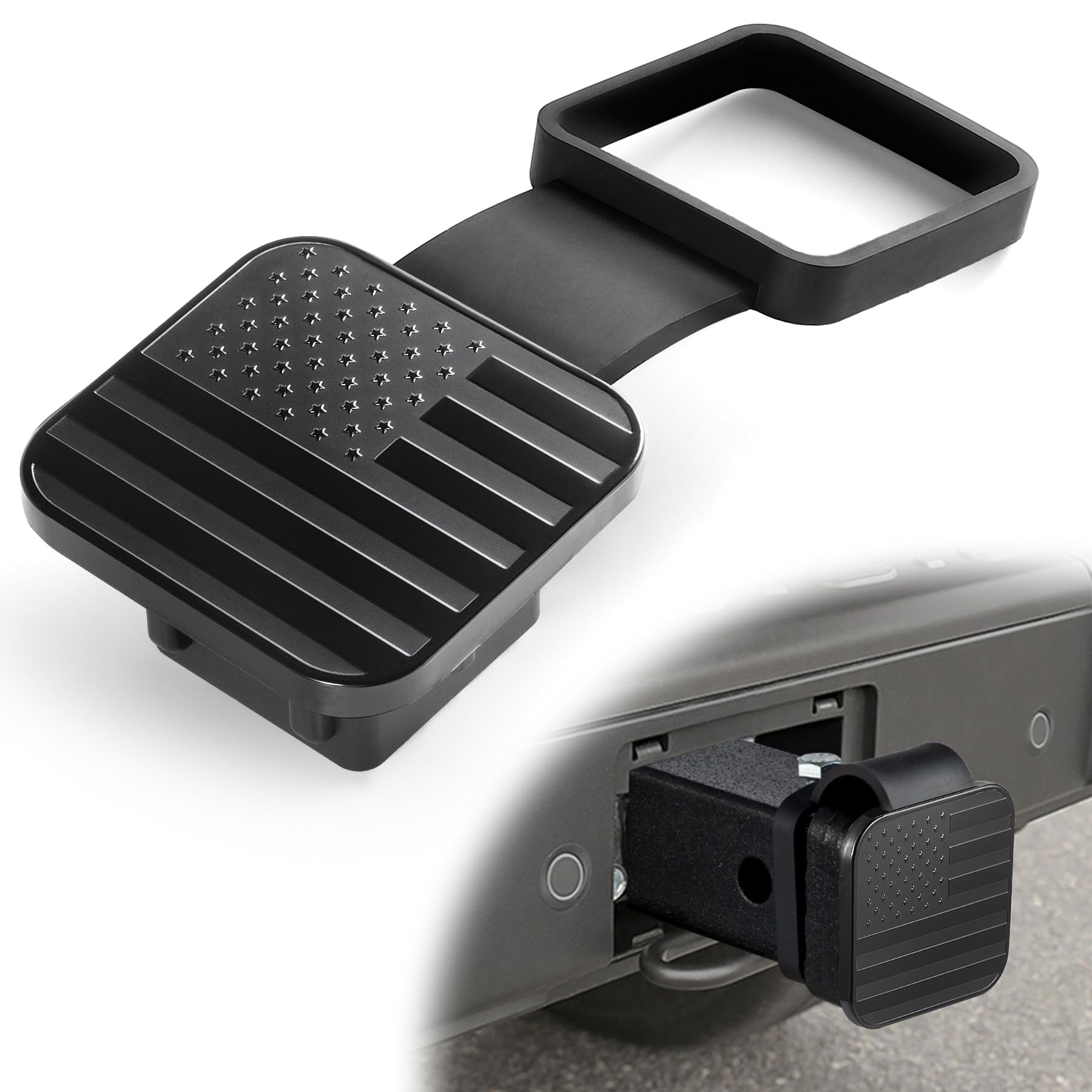 UYYE 2 Inch Rubber Trailer Hitch Cover, American Flag Rubber Tow Tube Cover Plug Cap, Car Exterior Accessories Fits for Most Vehicles Hitch Receivers, Hitch Cover Tube Plug Cap (Black)