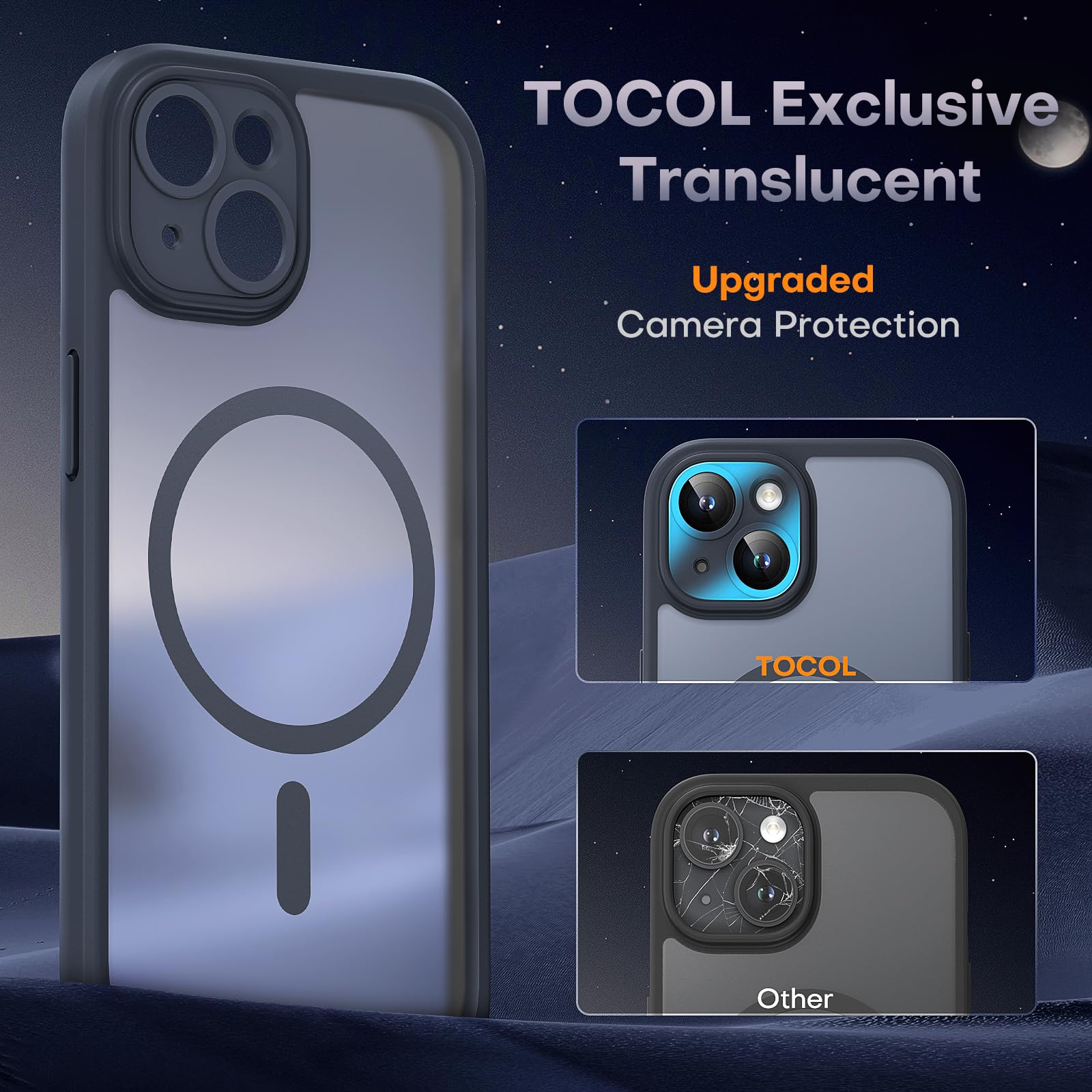 TOCOL Magnetic for iPhone 15 Case, Upgraded Full Camera Protection, Compatible with Magsafe, Drop Protection, Translucent Matte Back Bumper Phone Cover 6.1-Inch（Matte Black）