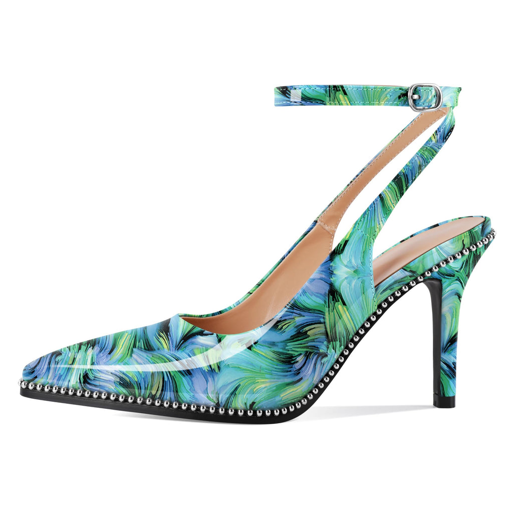 Soireelady Women Floral Green Heels Ankle Strap Slingback High Heel Beaded Pumps Stiletto Dress Shoes 3.5 Inches Floral US Size 9.5