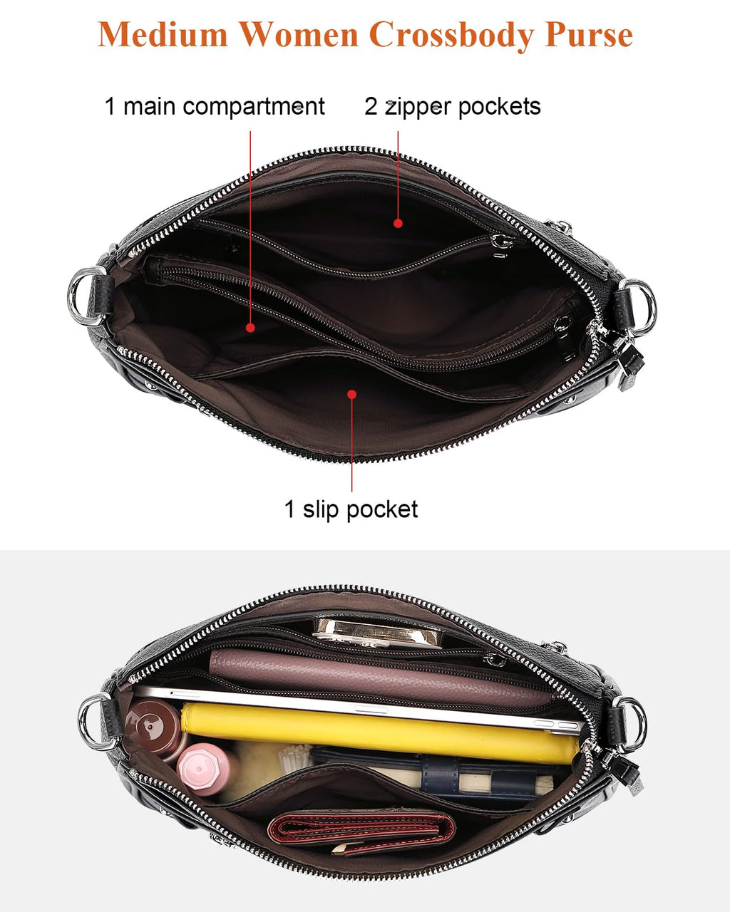 Over Earth Soft Genuine Leather Crossbody Bags for Women Medium Shoulder Purses Hobo Handbags with Multi Pockets(O190E Black)