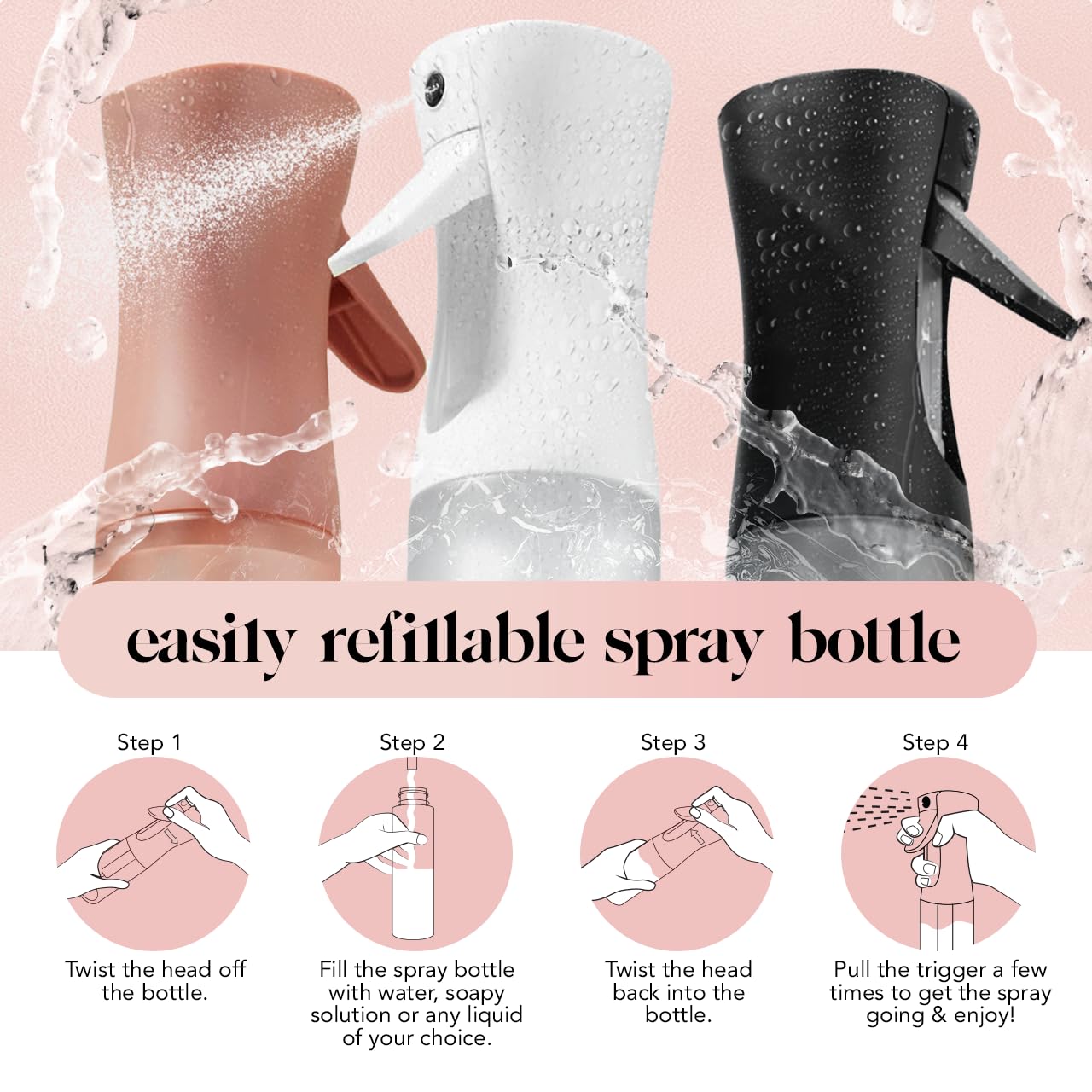 Kitsch Continuous Spray Bottle for Hair – Fine Mist Water Mister & Water Spray Bottle – Recycled Hair Spray Bottle – Spray Bottles for Cleaning, Styling, Plants & More – Black, 150ml