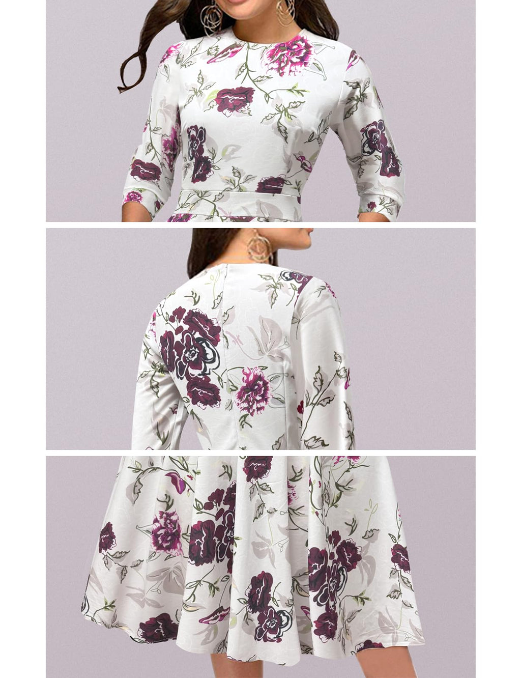 Simple Flavor Women's Floral Vintage Dress Elegant Autumn Midi Evening Dress 3/4 Sleeves (Beige, M)