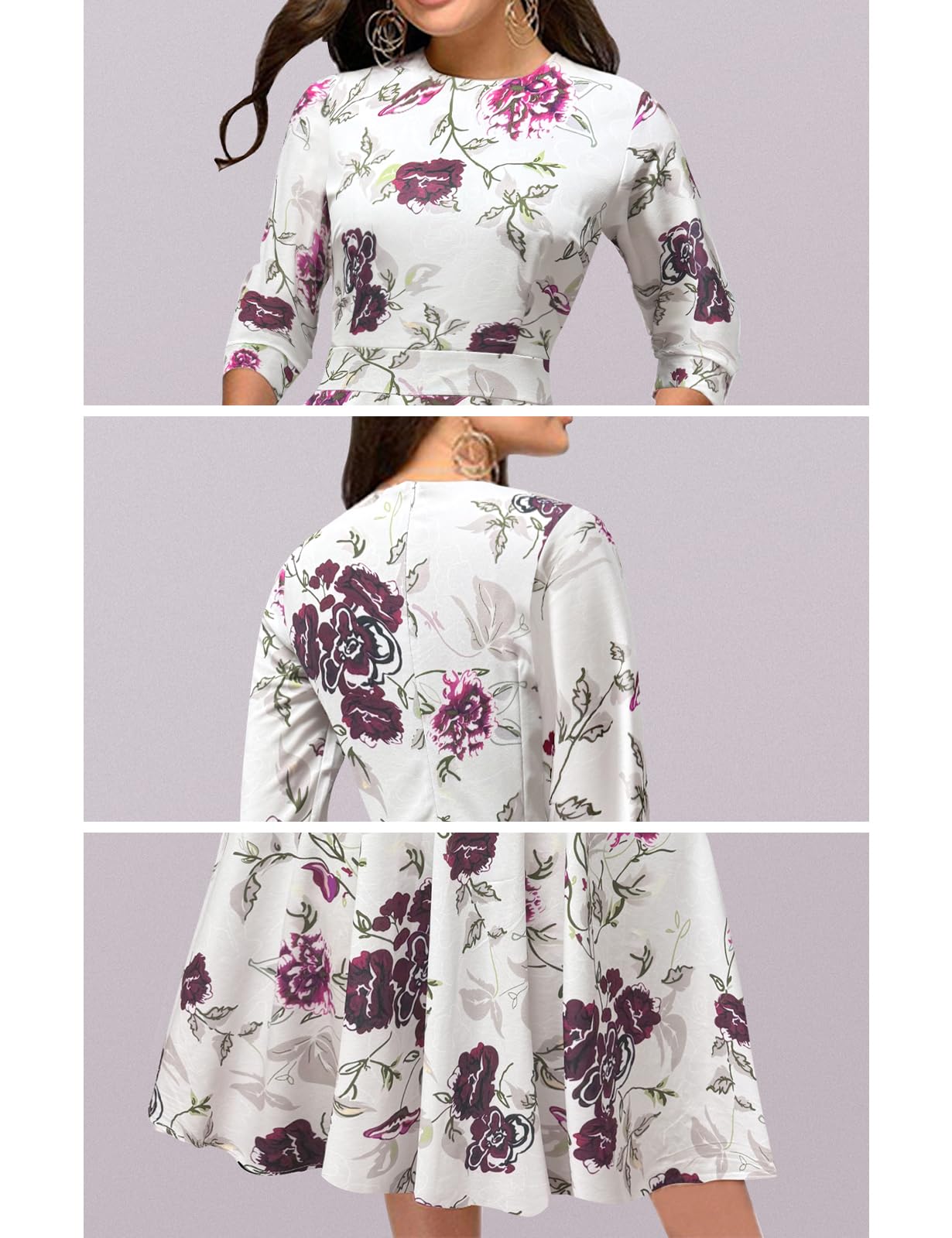 Simple Flavor Women's Floral Vintage Dress Elegant Autumn Midi Evening Dress 3/4 Sleeves (Beige, M)