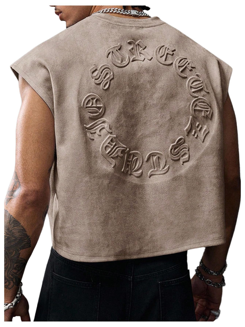 SHENHE Men's Letter Embossed Cropped Tank Top Y2k Sleeveless Crewneck Street Shirts Brown Large