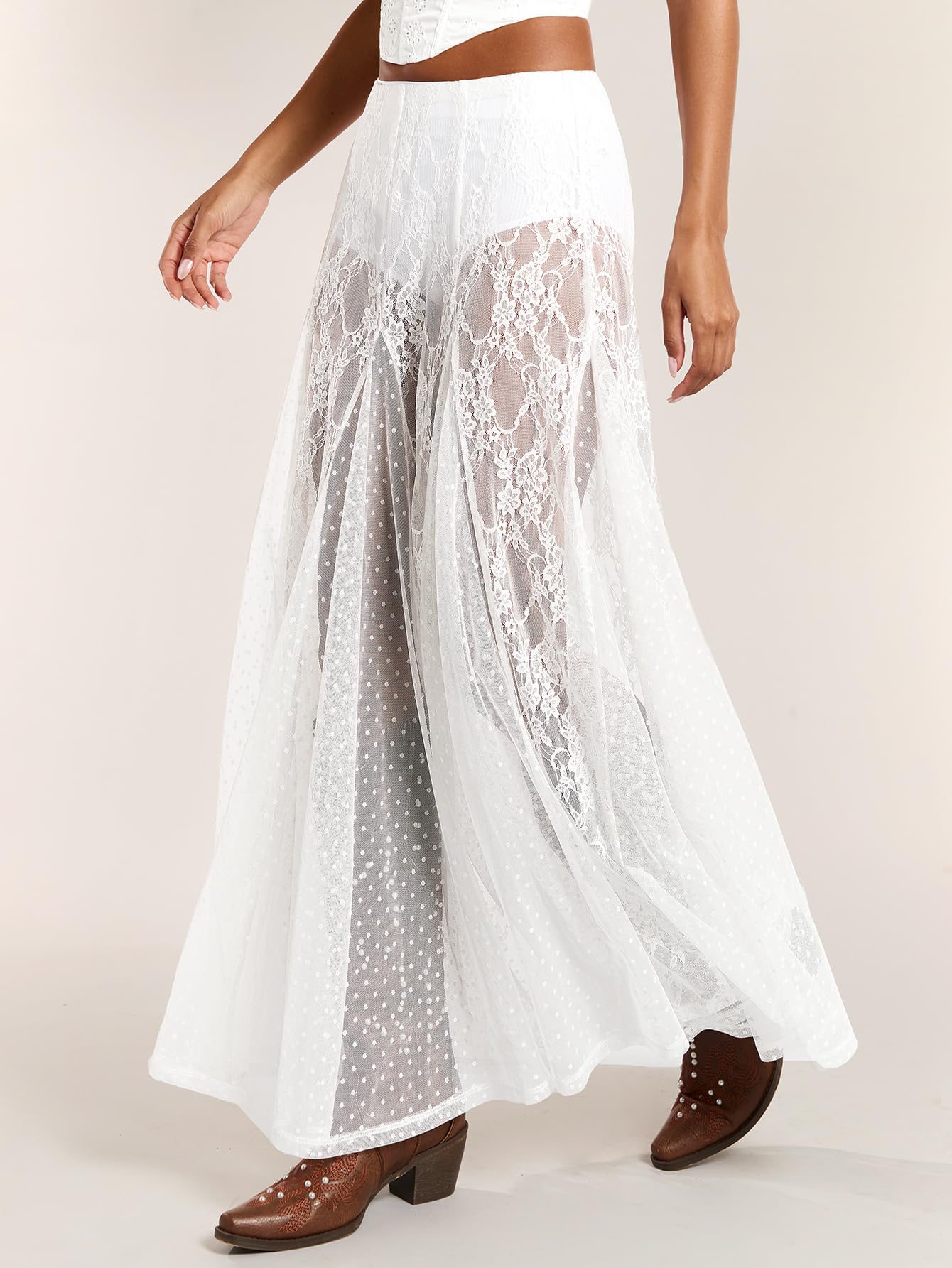WDIRARA Women's Sexy See Through Sheer Lace Maxi Skirt Low Waist Ruffle Hem A Line Flowy Skirt White Large