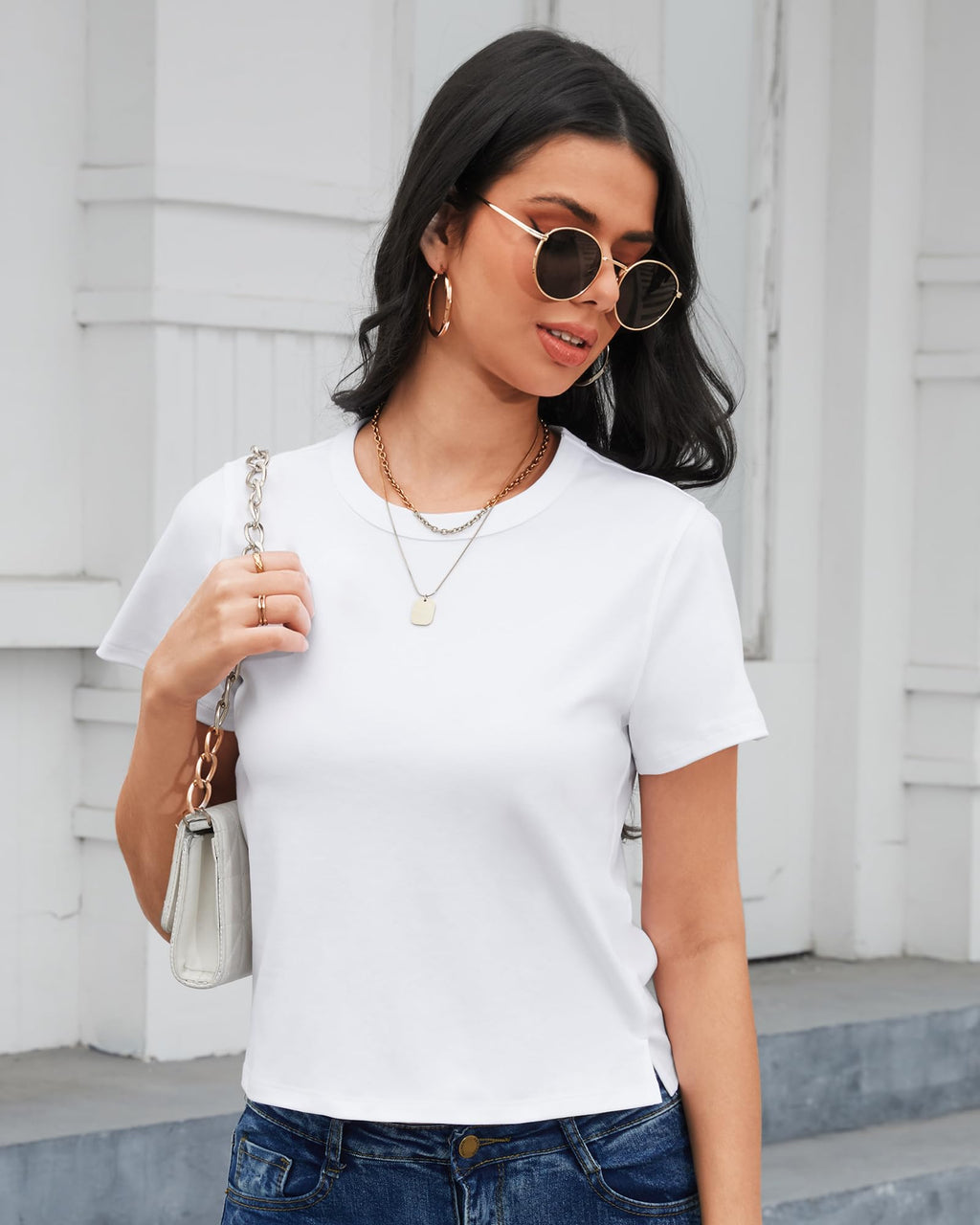 Stelle Women's Cotton T-Shirts Crewneck Short Sleeve Basic Tees Summer Tops(White,M)