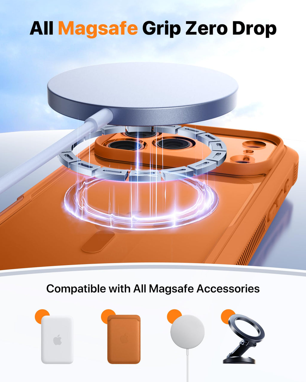 Diaclara Magnetic Designed for iPhone 17 Pro Max Case Full Body Bumper,[Compatible with MagSafe] Military Drop Proof Cover with Built-in Touch Sensitive Anti-Scratch Screen Protector,Orange