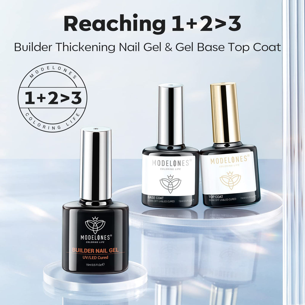 modelones Builder Nail Gel with Gel Top Coat, 3Pcs Clear Builder Nail Kit for Thickening Apex Building Extension Rhinestone Gel Tips Glue, U/V LED Lamp Cured for Home DIY Salon Girls