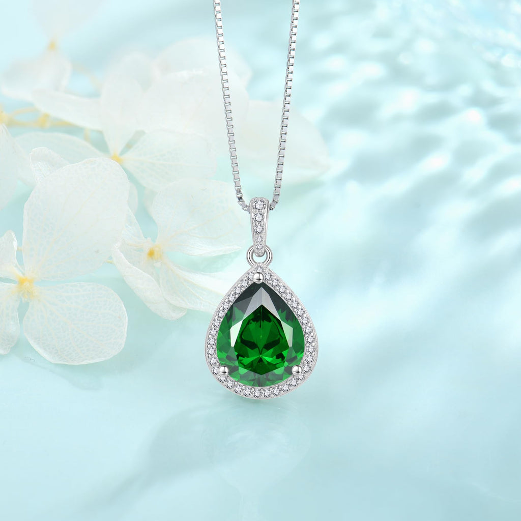 FJ Emerald Necklace 925 Sterling Silver Teardrop Pendant Necklace May Birthstone Jewelry Gifts for Women