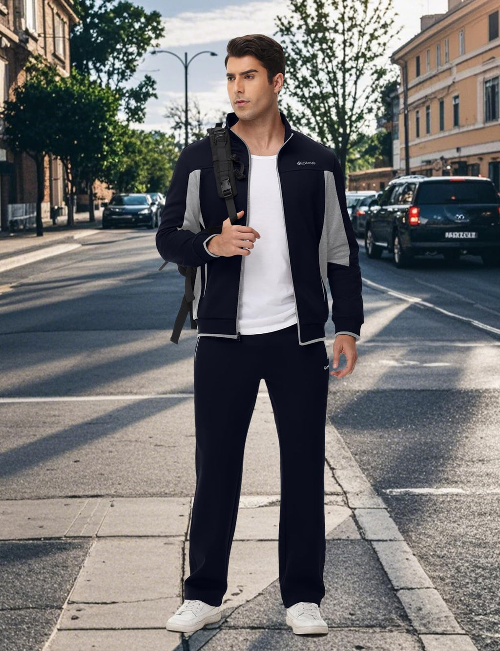 TBMPOY Men's Fleece Lined Tracksuits Sweatsuits 2 Piece Sets Winter Jogging Track Sweat Suits Thermal Casual Outfits Dark Blue/Light Grey L