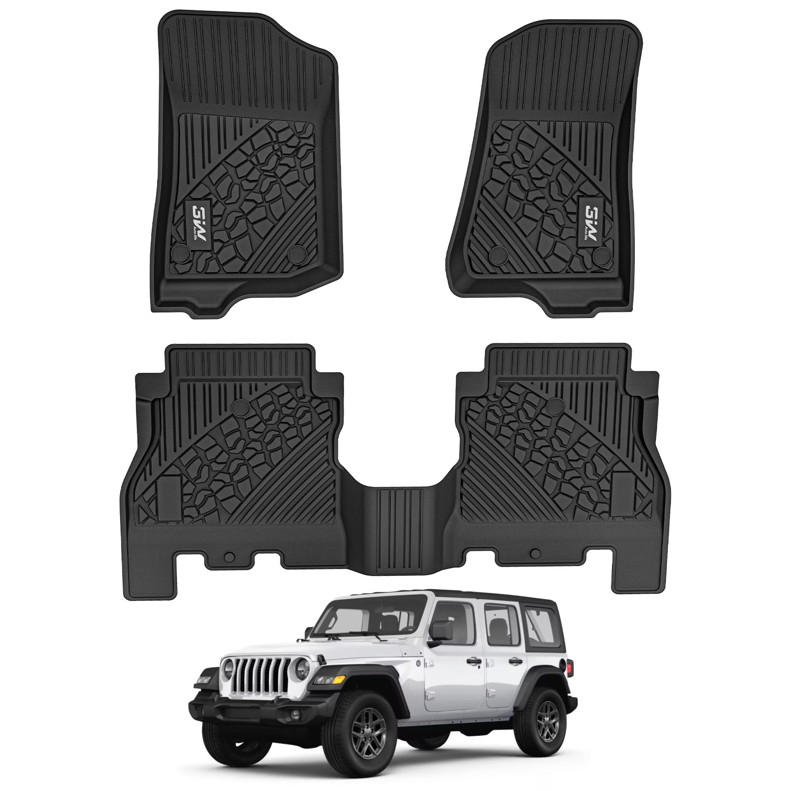 3W Floor Mats Compatible for Jeep Wrangler JL 2018-2025 2026 Unlimited 4-Door Gas/MHEV Type(Non JK or 4XE) All-Weather TPE Floor Liner for 1st and 2nd Row Full Set Car Mats, Black