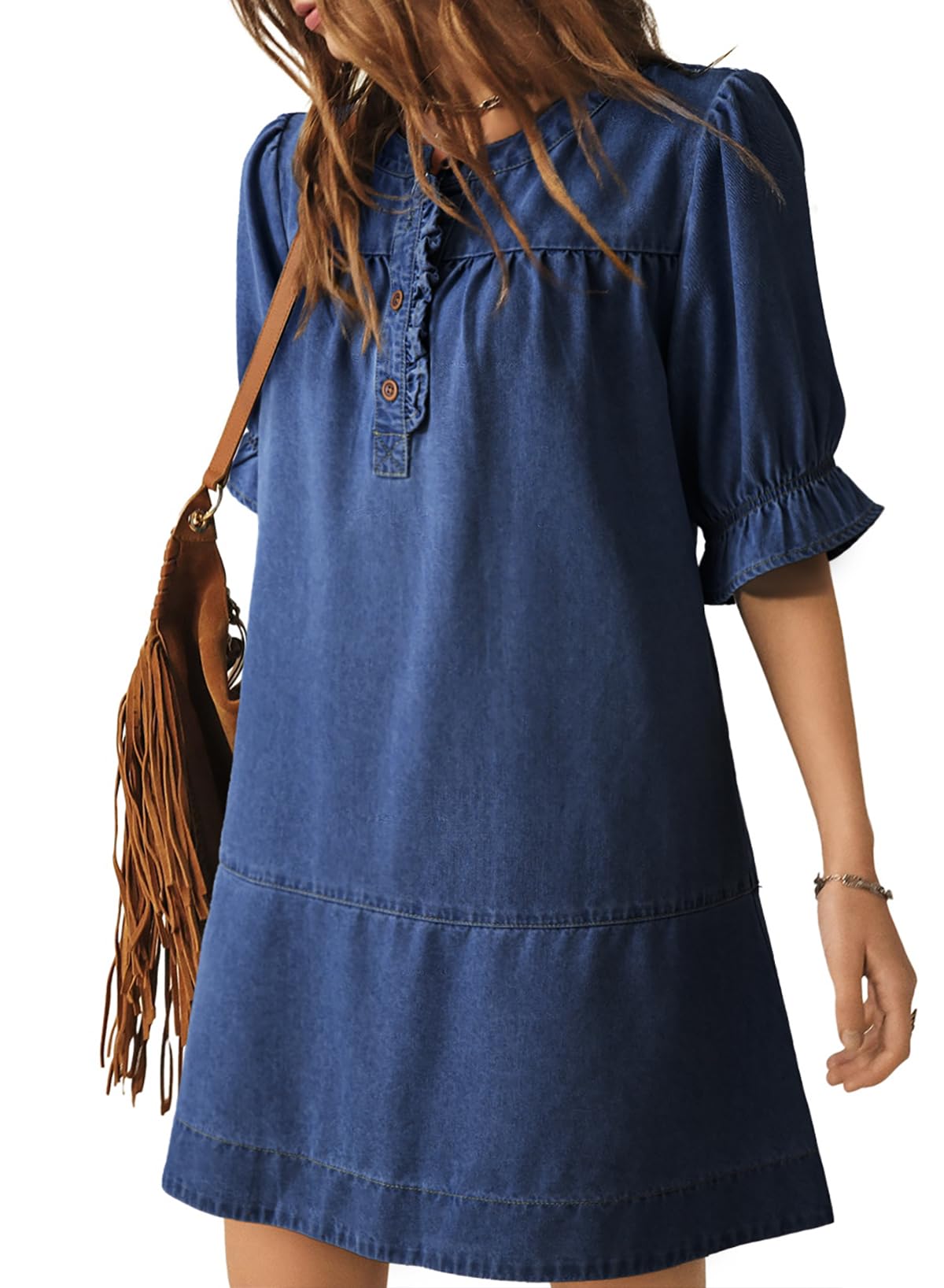 Dokotoo Dresses for Women Casual Summer Short Sleeve Babydoll Denim Dress Ladies Cute Crew Neck Button Front Fashion Mini Jean Dresses Outfits Dark Blue Large