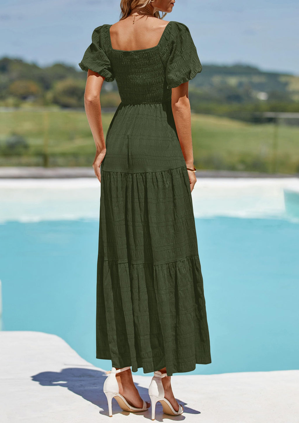 PRETTYGARDEN Womens Summer Puff Short Sleeve Maxi Dress Square Neck Smocked Tiered Ruffle A Line Long Flowy Beach Dresses (Army Green,Medium)