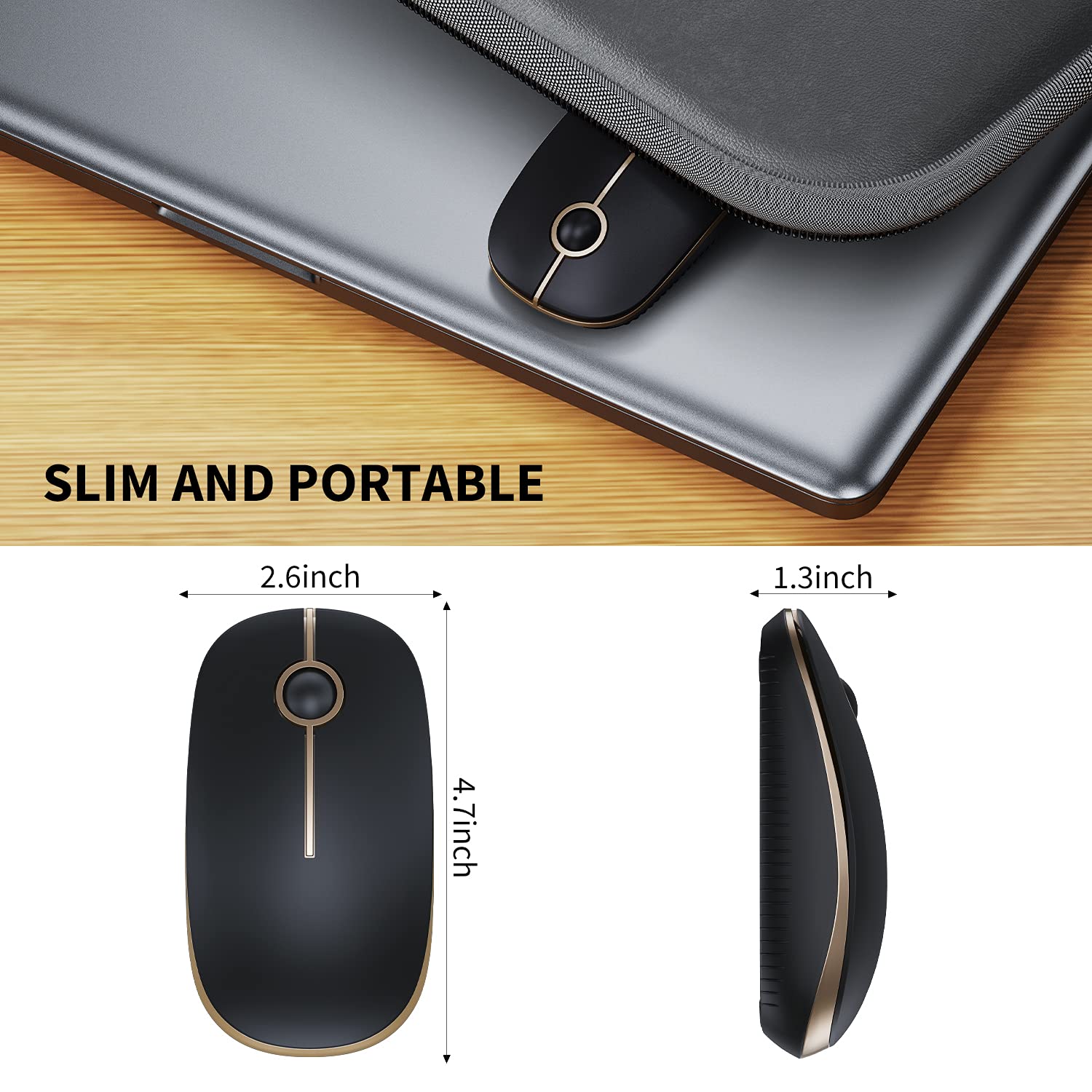 VssoPlor Wireless Mouse, 2.4G Slim Portable Computer Laptop Mouse with Nano Receiver Quiet Silent Optical Mice for Notebook, PC, Laptop, Computer-Black and Gold