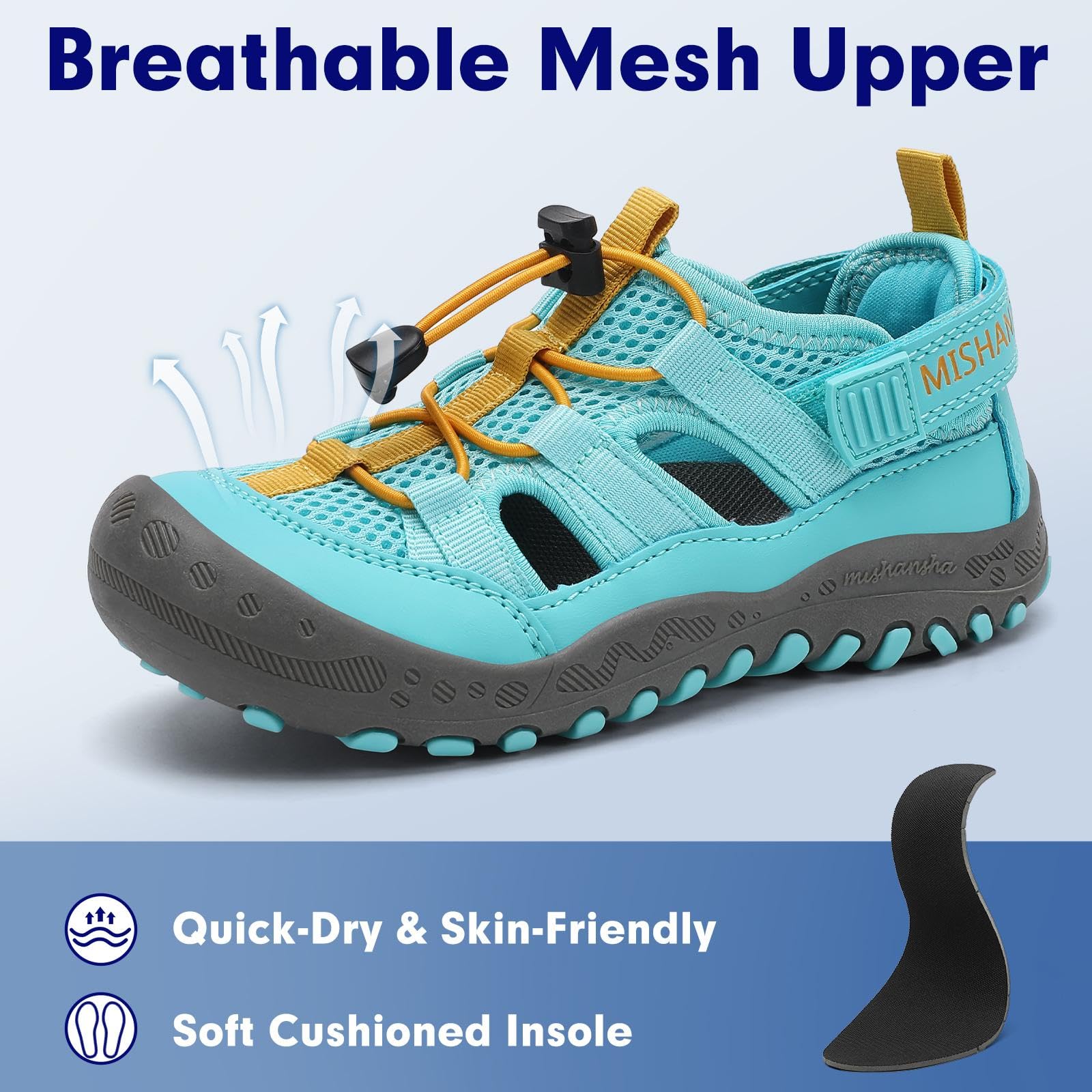 Mishansha Kids Outdoor Sport Sandals Closed Toe Adjustable Boys Girls Hiking Sandals Non-Slip Quick-Dry Water Sandal for Toddler Size 7.5 Cerulean Blue