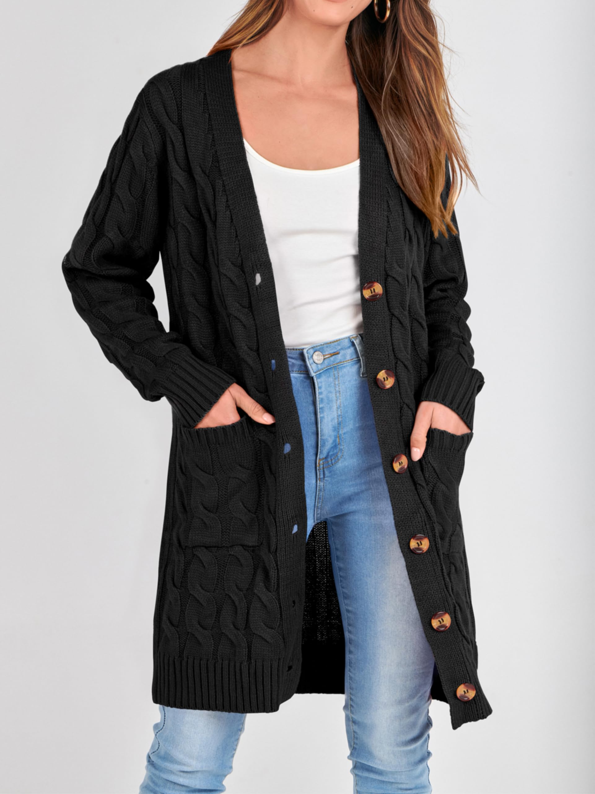 PRETTYGARDEN Long Sleeve Cable Knit Long Cardigan for Women 2026 Spring Winter Chunky Open Front Button Sweaters with Pockets (Black, Small)
