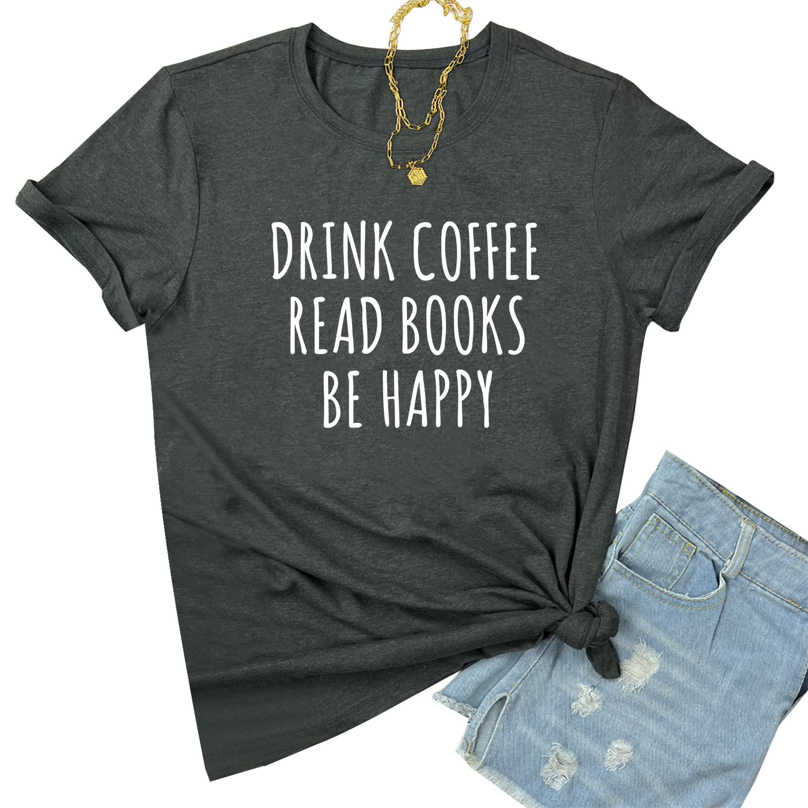 YITAN Women Graphic Tshirts Cute Tees Cotton Tops Dark Grey Small