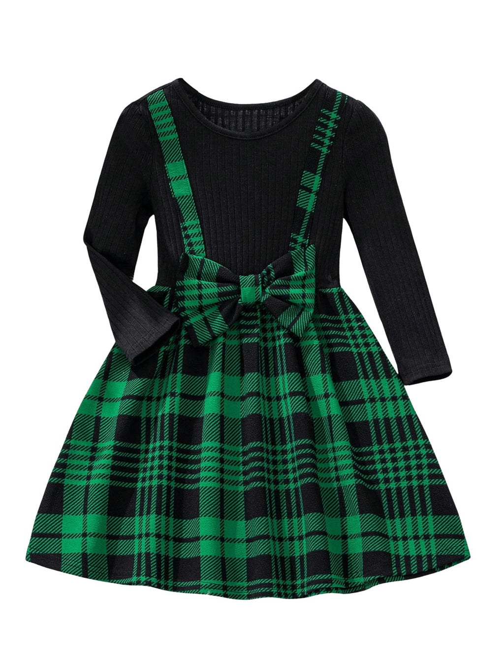 WDIRARA Girl's Plaid Bow Front Ribbed Knit Round Neck Long Sleeve A Line Dress Green 15Y