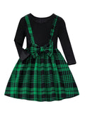 WDIRARA Girl's Plaid Bow Front Ribbed Knit Round Neck Long Sleeve A Line Dress Green 15Y