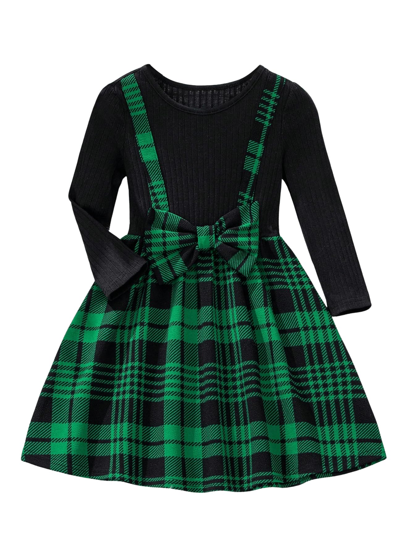 WDIRARA Girl's Plaid Bow Front Ribbed Knit Round Neck Long Sleeve A Line Dress Green 15Y