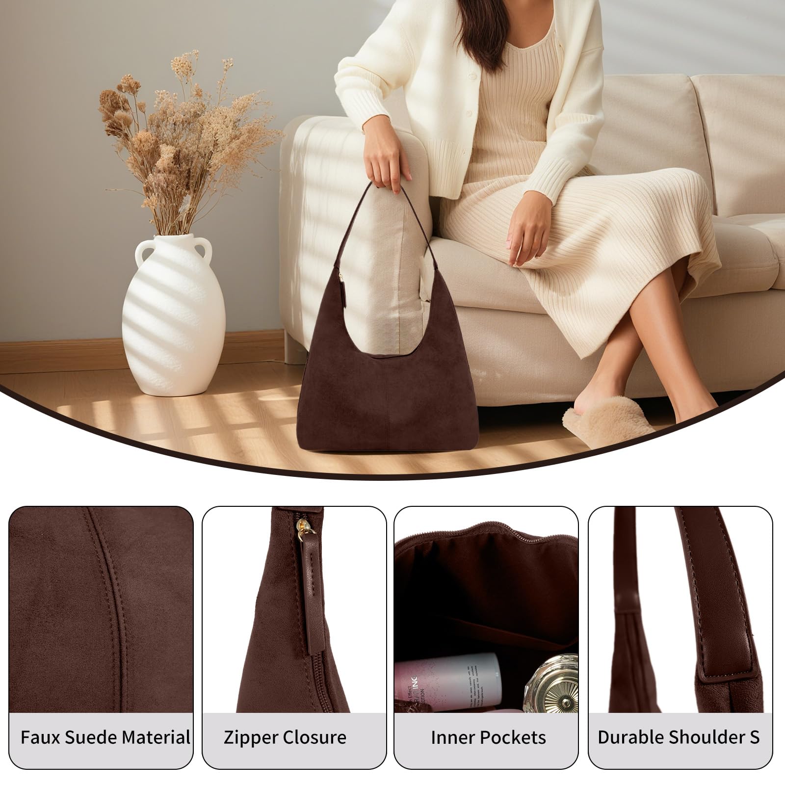 Women’s Trendy Suede Tote Bag Shoulder Bags For Women Fall Underarm Bag Winter Hobo Bag Work Purses Suede Travel Handbag