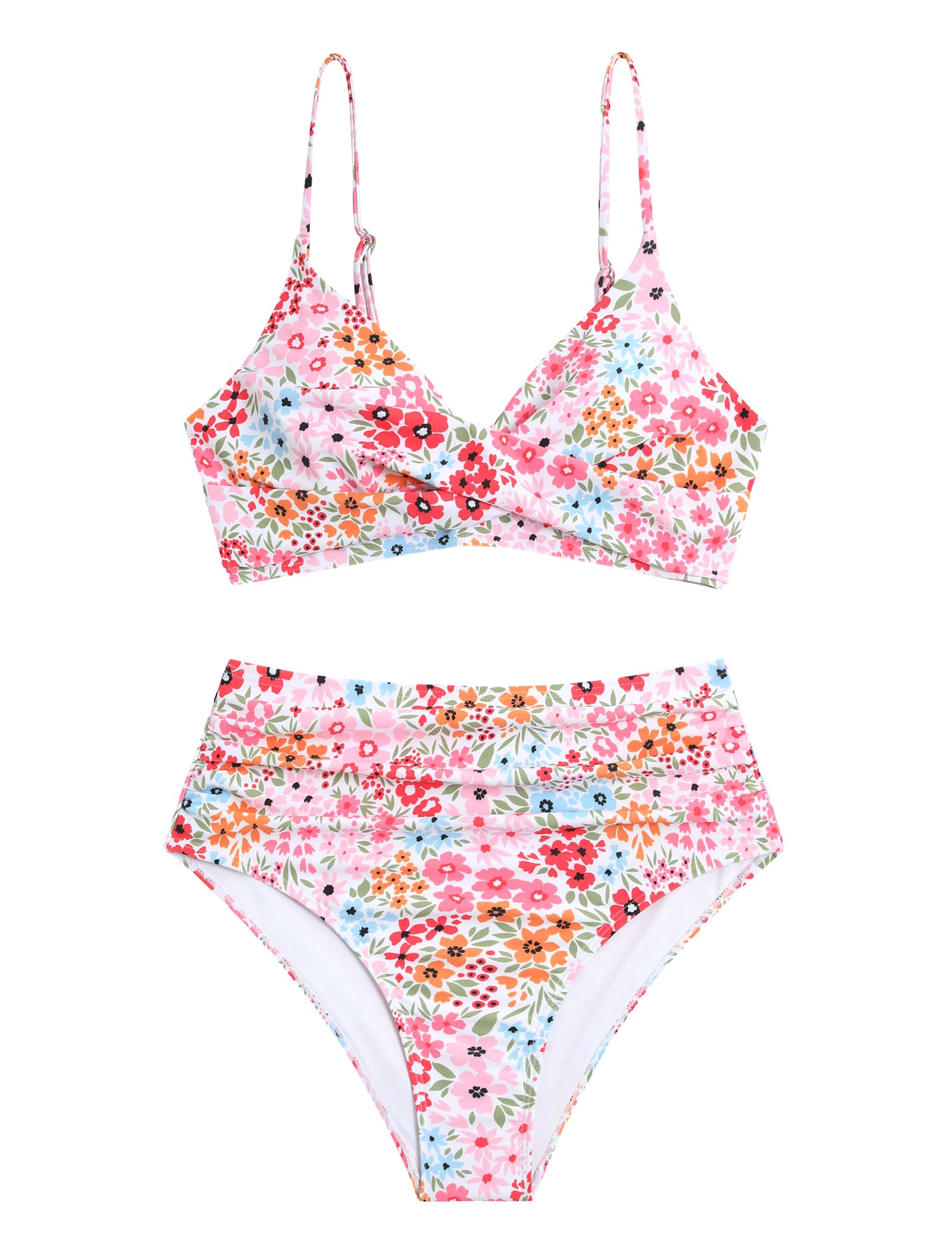 ZAFUL Women High Waisted Bikini Sets Two Piece Swimsuit Push Up Twist Front Ruched Bathing Suit Pink Floral M