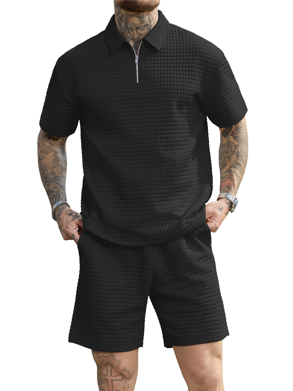 JEMLDL Men's Short Sets 2 Piece Polo Shirt Summer Outfits Casual Fashion Jogging Track Suits Short Sleeve Travel Clothes Black Small