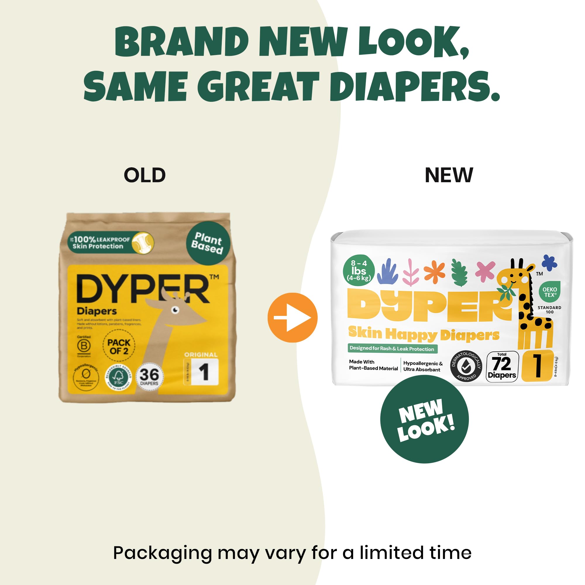 DYPER - Pack of 2 Baby Diapers Size 1 (72 Count) - Leak Proof, Plant Based, Hypoallergenic & Ultra Absorbent Disposable Diaper for Day & Overnight, Skin-Friendly Comfort Size 1 Diapers (8-14 lbs)
