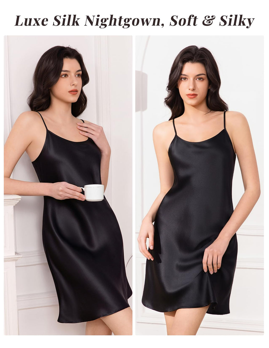 THXSILK Women's Sexy Silk Nightgown, 6A Top Grade 100% Mulberry Silk Sleepwear Round Neck Spaghetti Strap Chemise Short Slip Dress (XX-Large Size, Black)