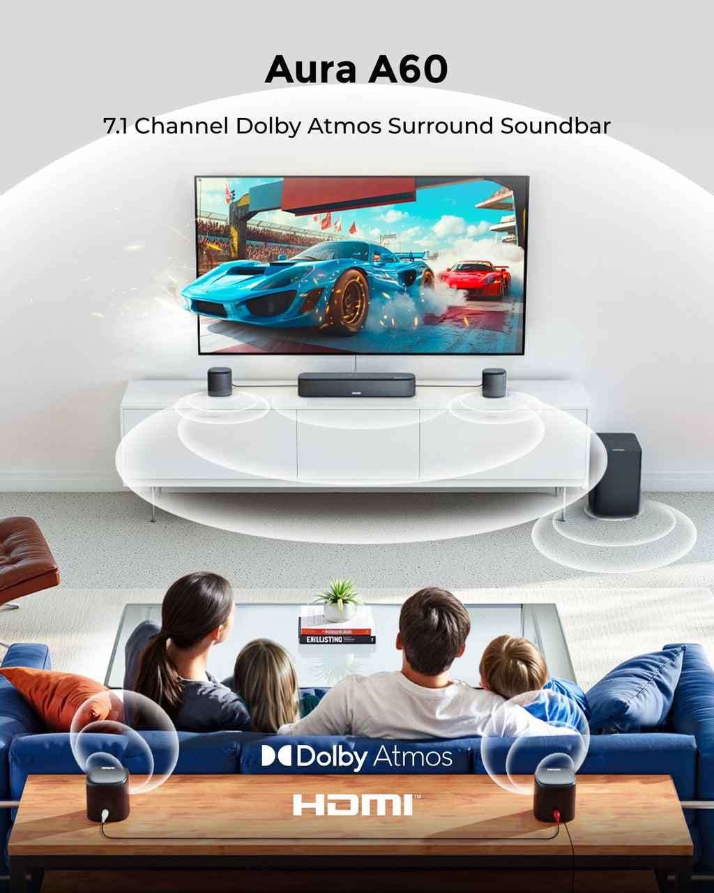 ULTIMEA 7.1ch Sound Bar with Dolby Atmos, Surround Sound System for TV with 4 Surround Speakers, Sound Bar for Smart TV with App Control, Soundbar with Subwoofer for Home Theater, HDMI eARC, Aura A60