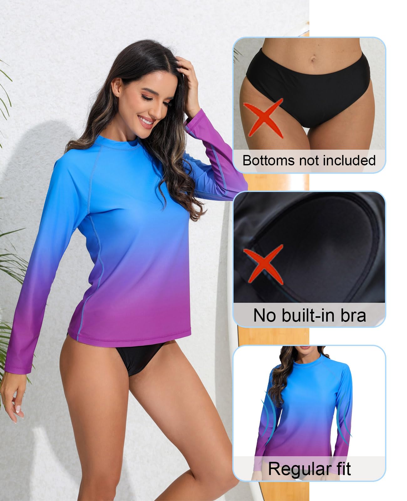 Halcurt Women's Long Sleeve Rash Guard Swim Shirts Quick Dry UPF50+ UV Sun Protection Swimsuit Top Ombre Blue Purple XL