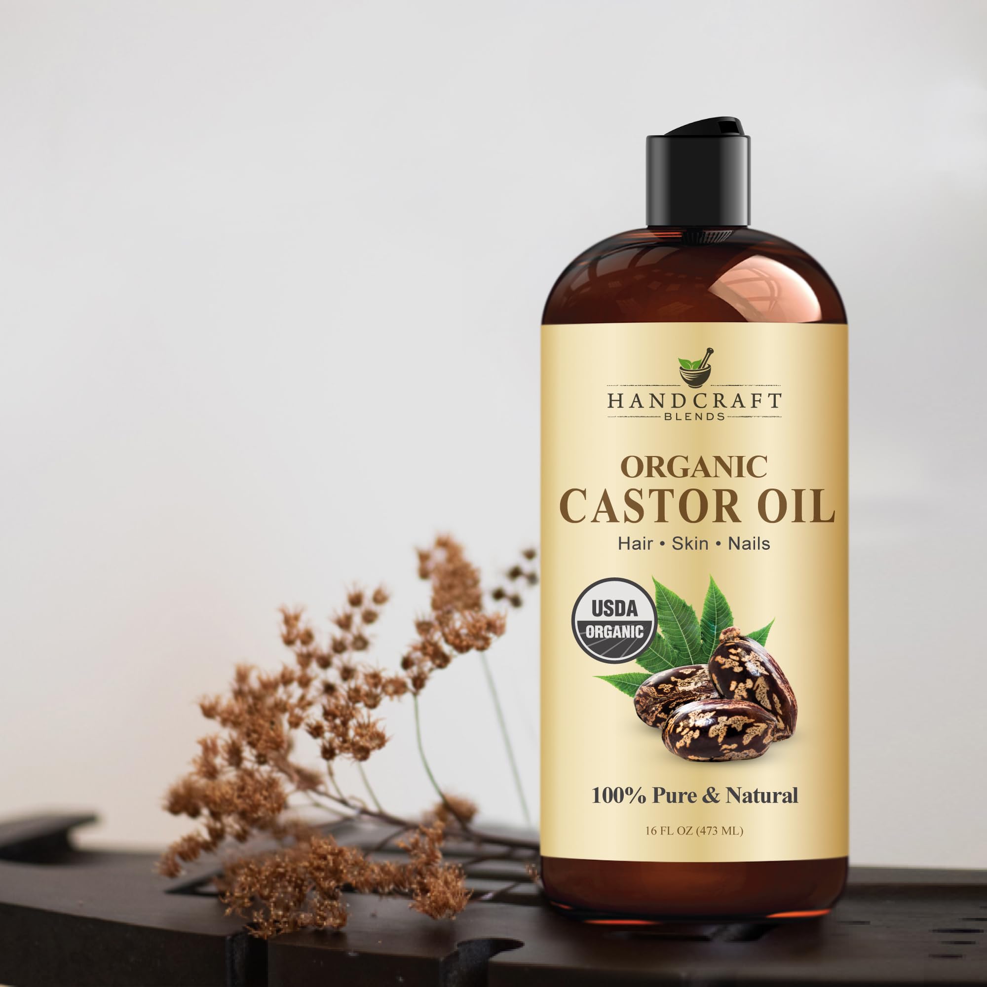 Handcraft Blends Organic Castor Oil 16 Fl Oz | 100% Pure and Natural | Premium Grade Carrier Oil | Hair, Eyelashes and Eyebrows | Hair and Body | Expeller-Pressed | Hexane-Free
