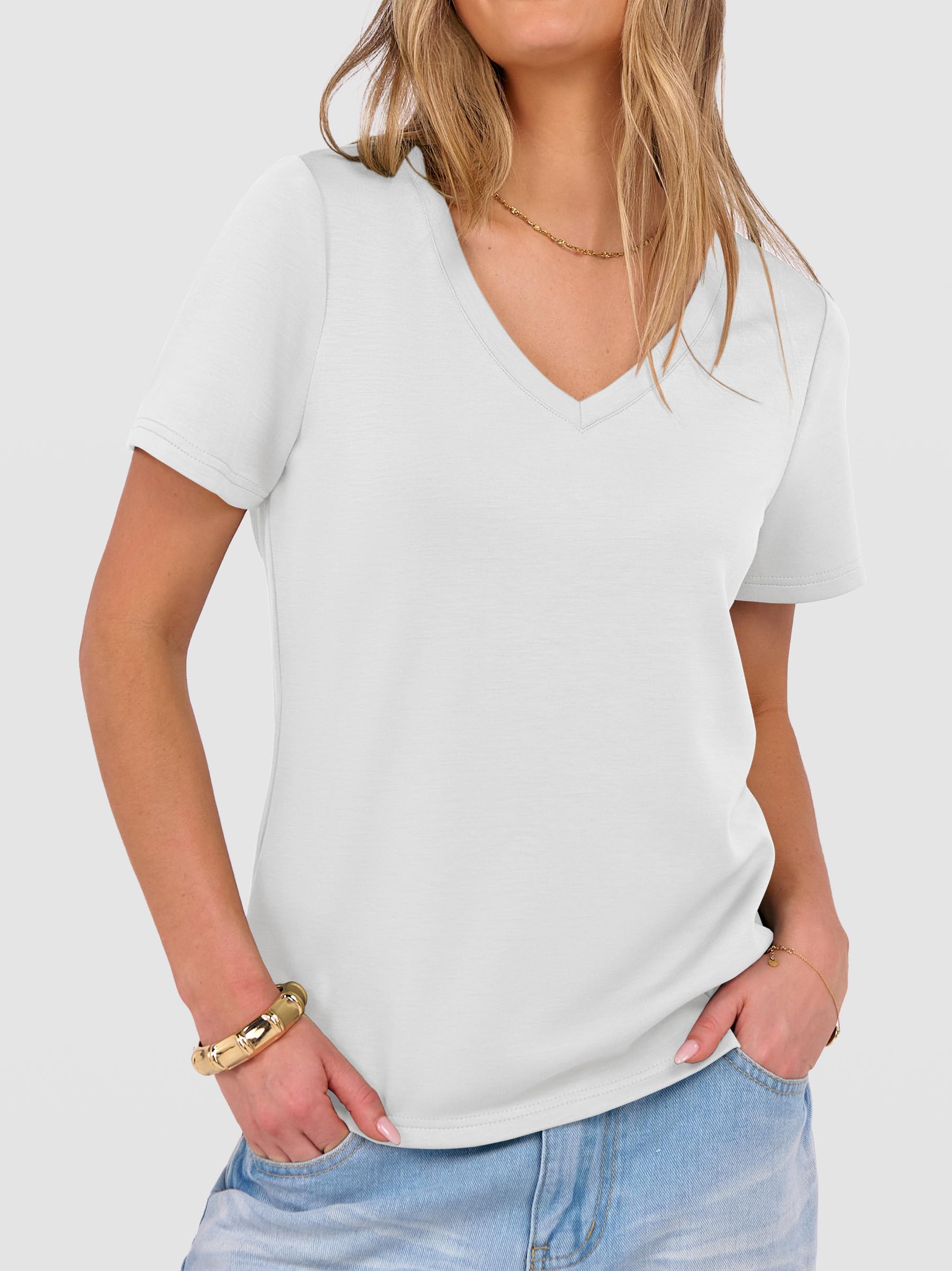 ANRABESS Womens Short Sleeve Tops Casual V Neck Wrinkle - Free Basic T Shirts Summer Cute Tee 2026 Spring Fashion Clothes White Large