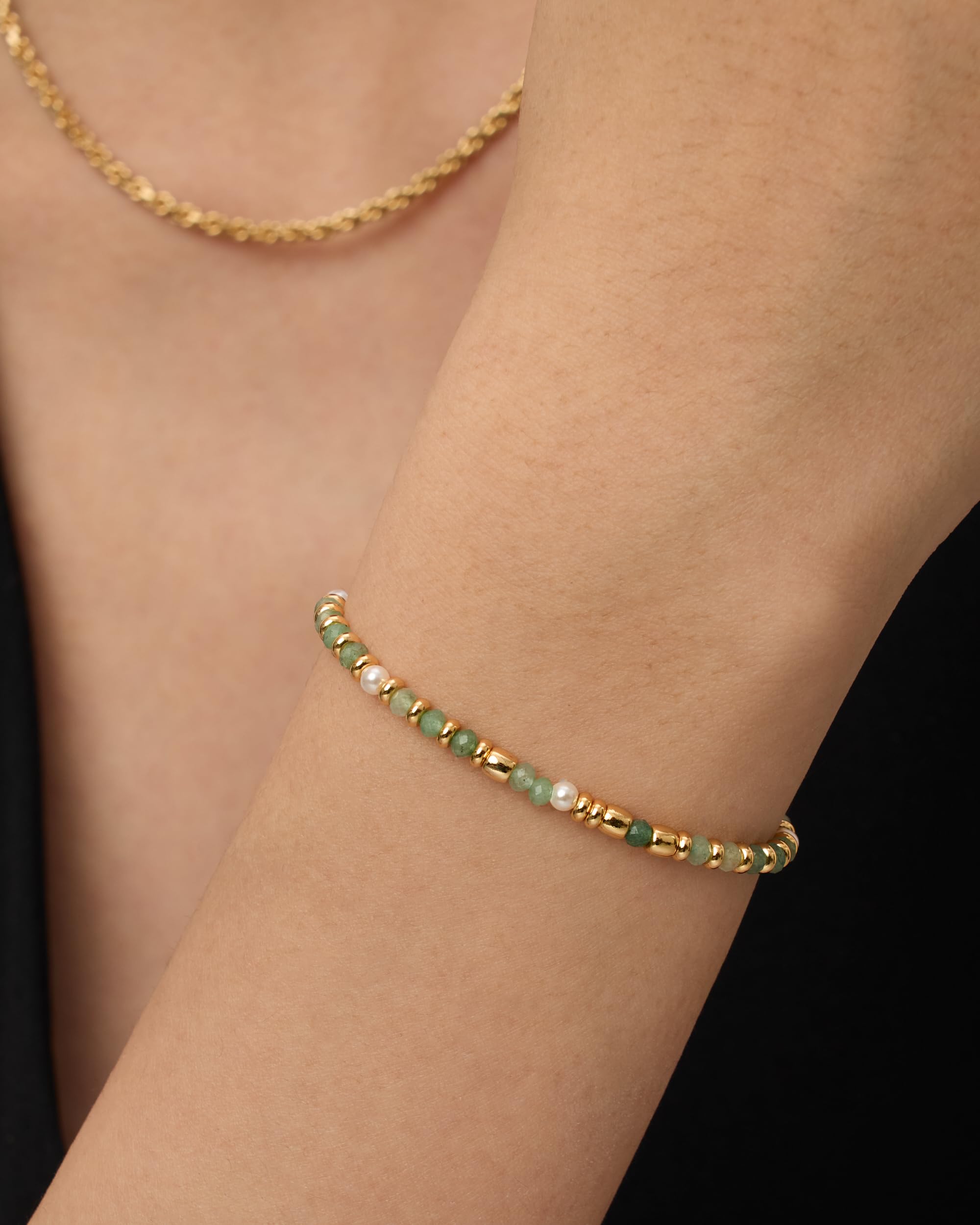 PAVOI 14K Yellow Gold Plated Gemstone Beaded Bracelets for Women - Adjustable Slider Dainty Gemstones and Pearl Bracelet - Boho Festival Freshwater Pearls, Amazonite Beads - Gold Jewelry Gifts