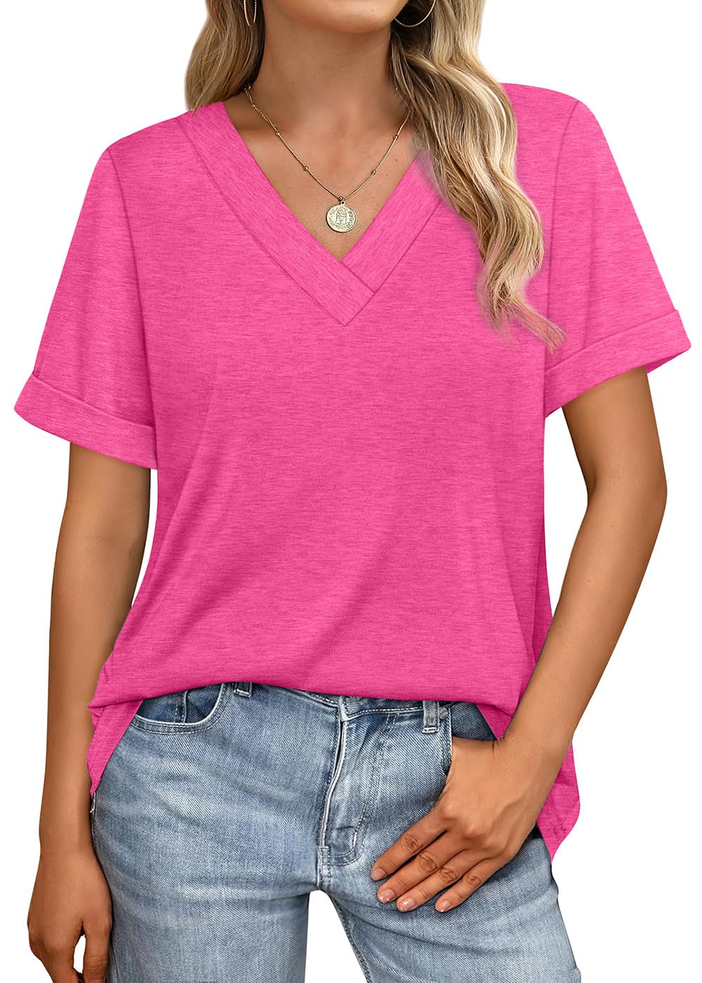 WIHOLL Womens Tops V Neck Dressy Casual Short Sleeve Summer Tops Fashion Cute Basic Tshirts Shirts for Women Hot Pink L