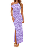 PRETTYGARDEN Womens Floral One Shoulder Maxi Dress 2026 Summer Spring Bodycon Ruched Side Slit Elegant Cocktail Party Dresses (Purple,X-Small)