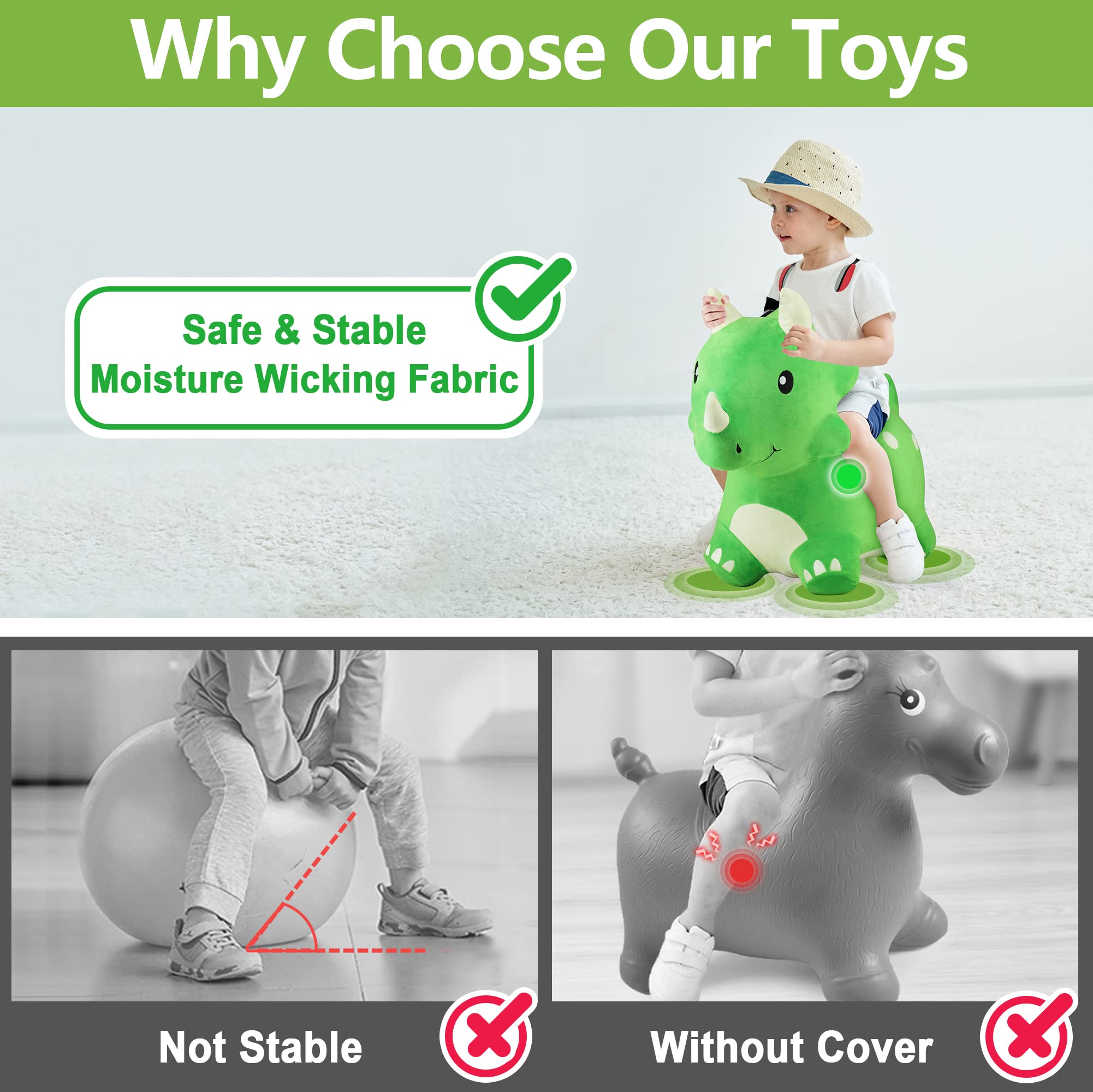 iPlay, iLearn Bouncy Pals Dinosaur Hopper Toy 2 Year Old Boy, Toddler Plush Bounce Animals, Ride on Bouncing Triceratops for Kids, Outdoor Hopping Horse Bouncer, Cool Birthday Gifts 3 4 5 6 Yr Girls