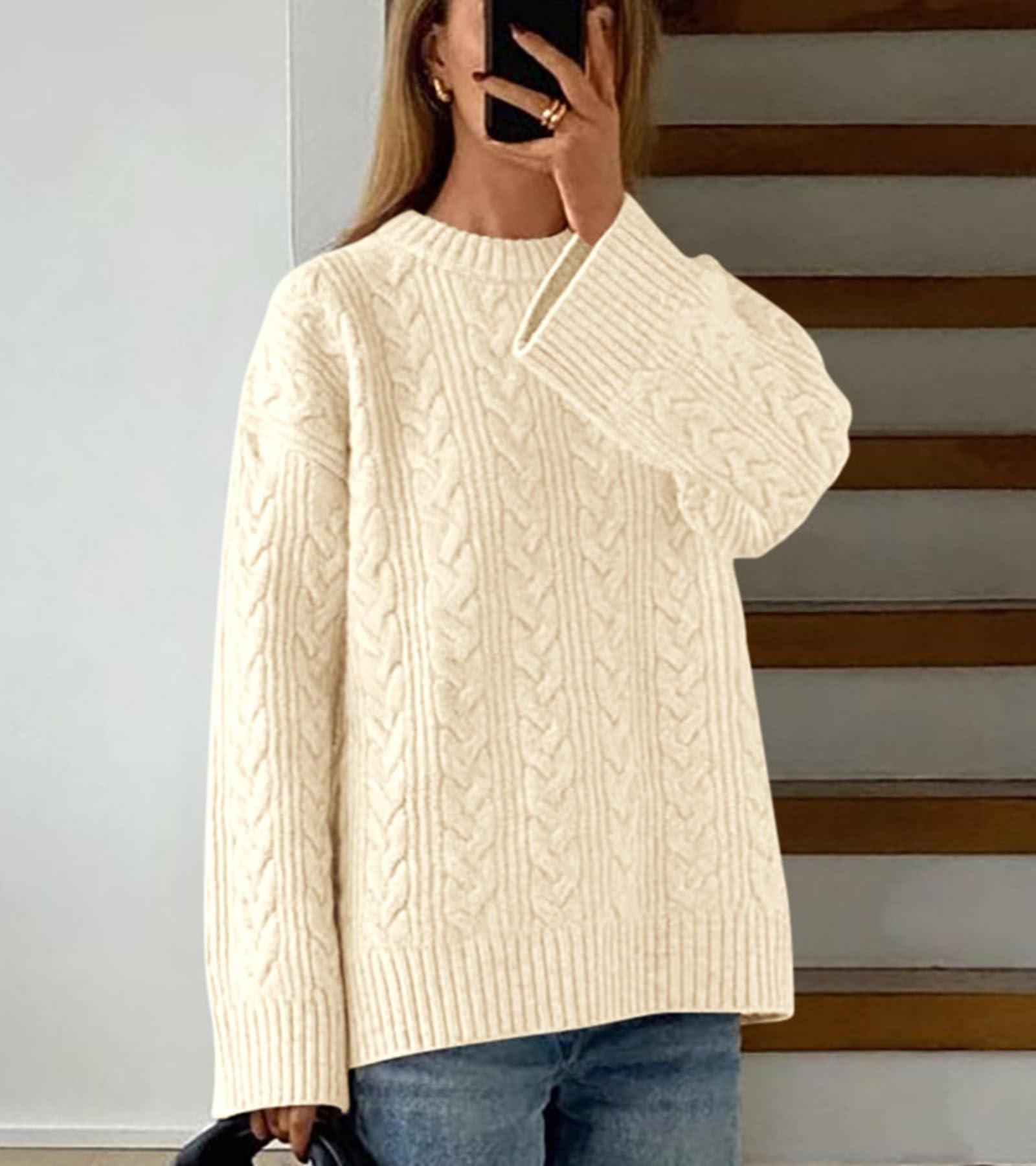Okiwam Women's Oversized Sweaters Crewneck Cable Knit Pullover Casual Loose Fall Outfits Spring Fashion Clothes 2026-M Beige White