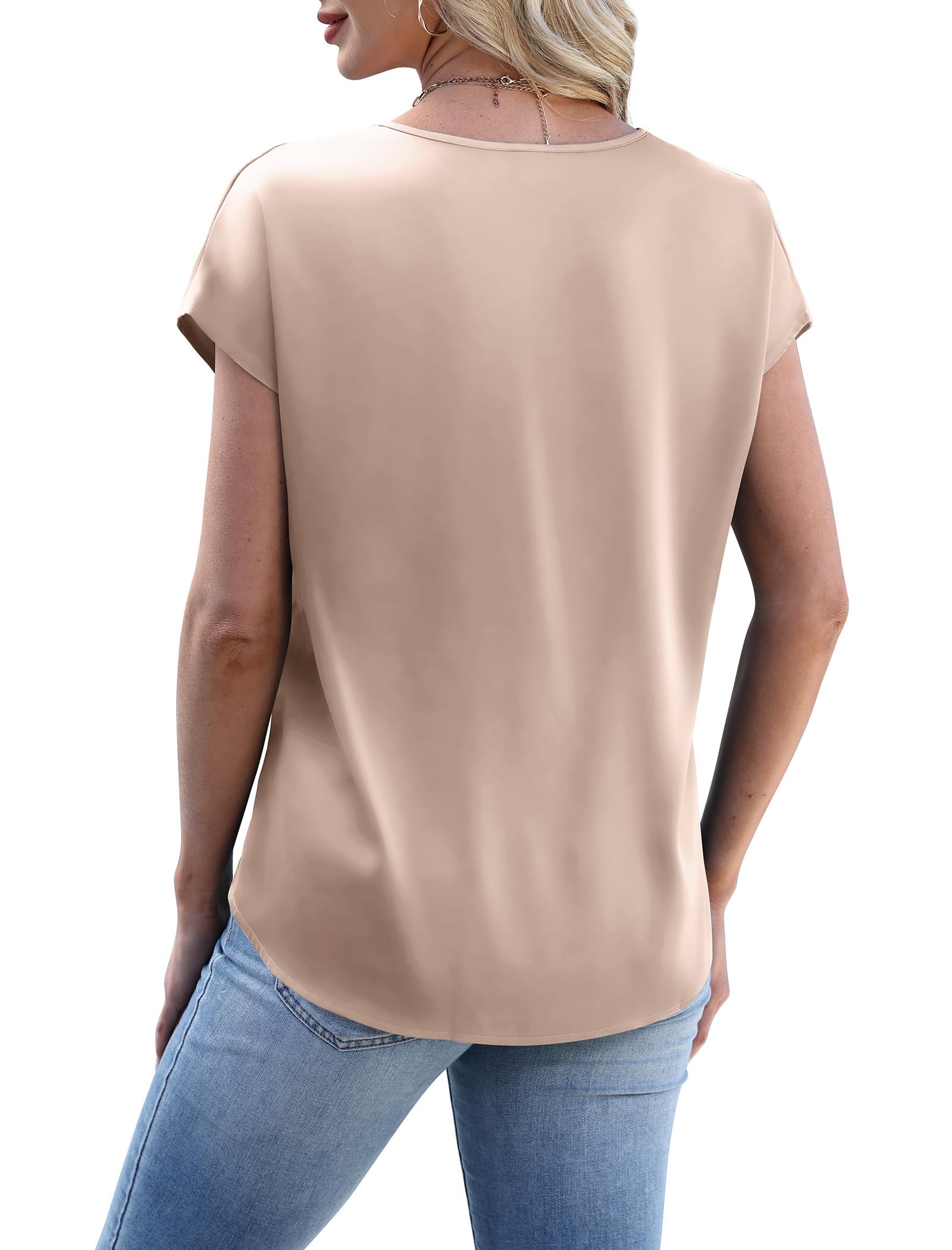 Summer Tops for Women Business Casual Outfits Spring Blouses Short Sleeve Tops V Neck T Shirts Satin Silk Blouse Professional Work Clothes Office Wear 2026 Fashion Clothing Begie S