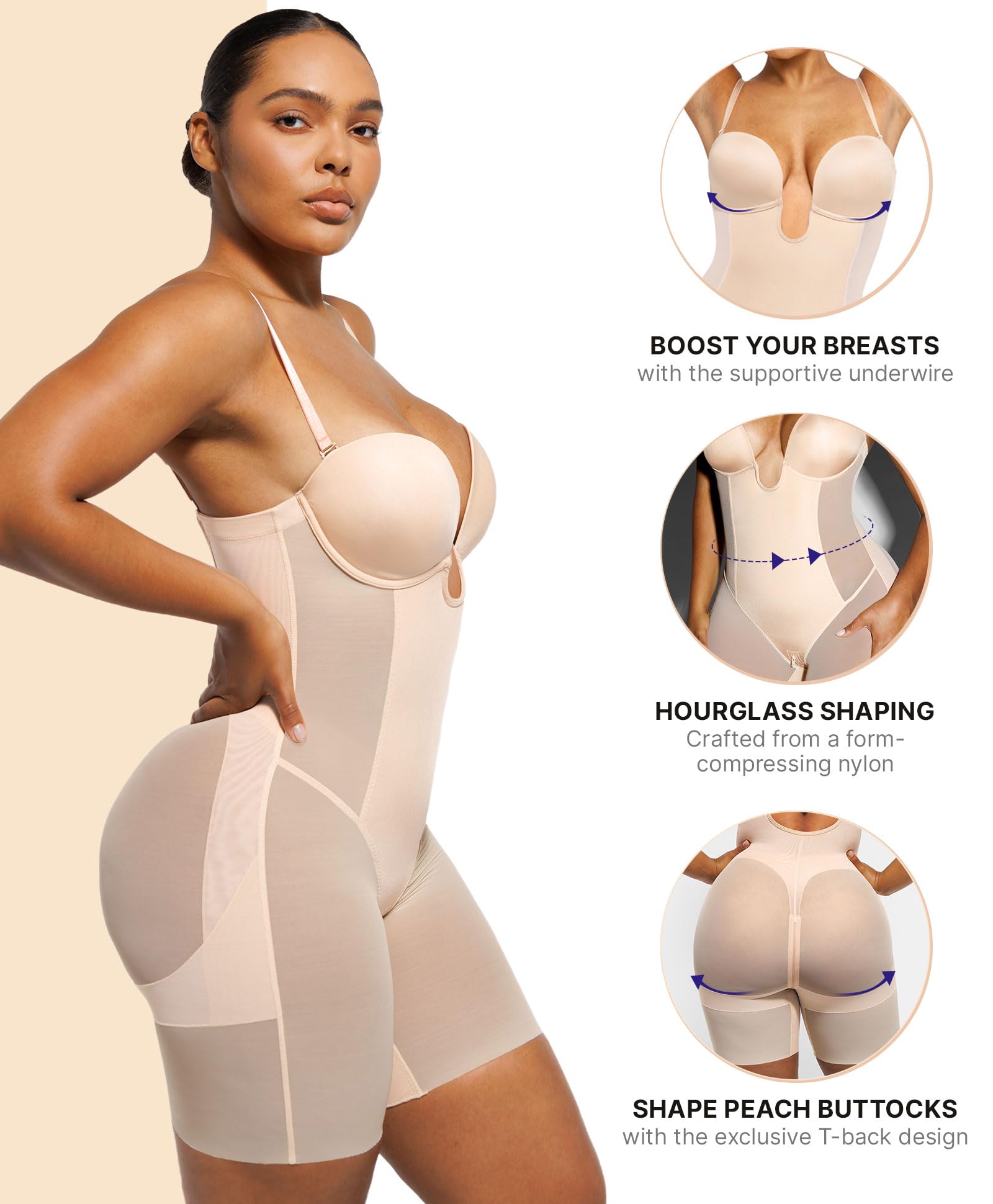 SHAPELLX Backless Strapless Shapewear Low Back Bodysuit Plunge Bra Body Shaper Bridal Shapewear for Wedding Dress L+