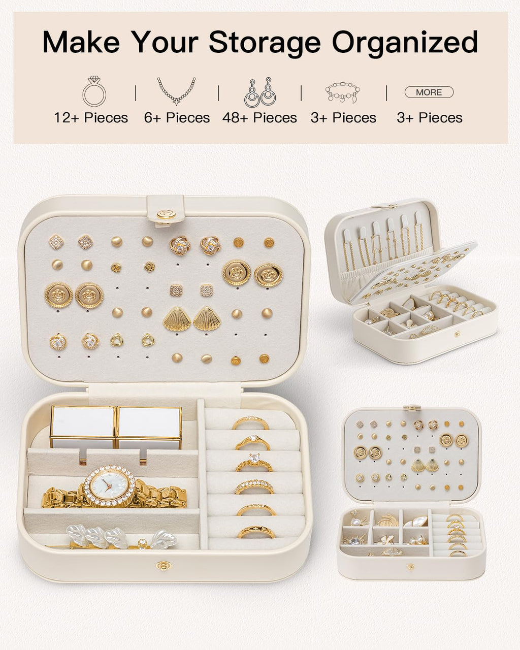 VLANDO Travel Jewelry Case for Women Girls, Gifts for Mother, PU Leather Small Jewelry Box for Rings, Necklaces, Bracelets, Earring Holder Organizer Storage for Travel Essentials - Beige