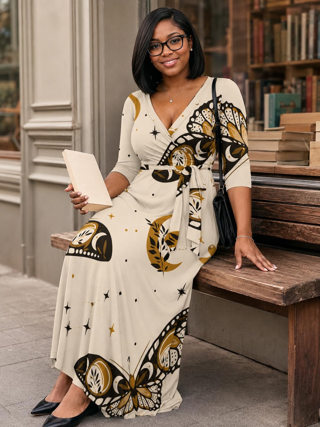 Plus Size Maxi Dress for Women Sexy V Neck 3/4 Sleeve Long Party Dresses with Belt Butterfly 2XL