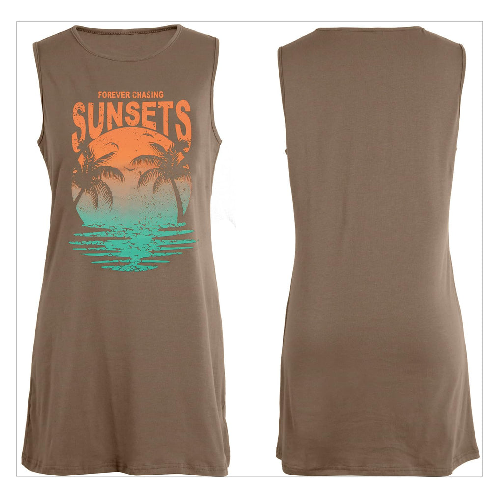 Summer Sundress for Women Beach Tank Dress Sleeveless Graphic T Dress Short Casual Sun Dresses Beach Cover Up Brown